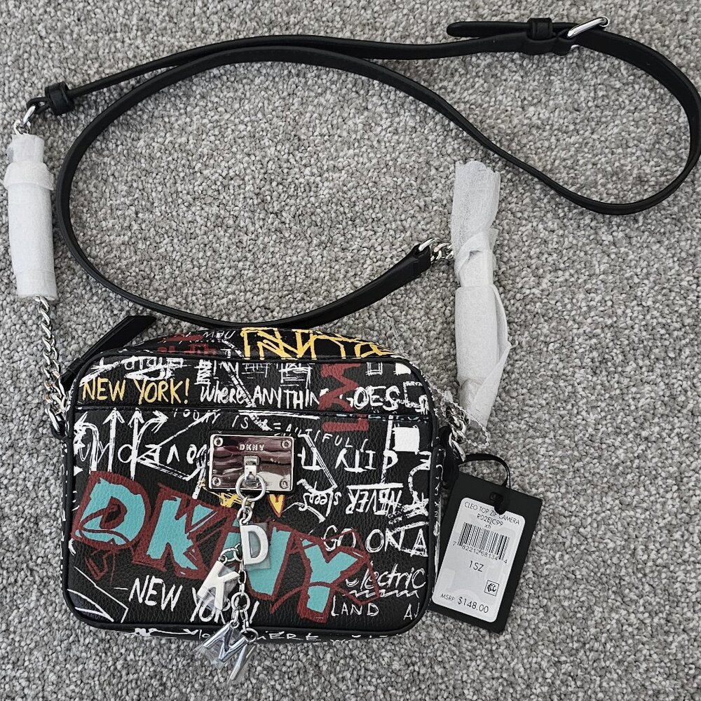 DKNY cleo to zip camera CROSSBODY black BAG graffiti ADJUSTABLE STRAP